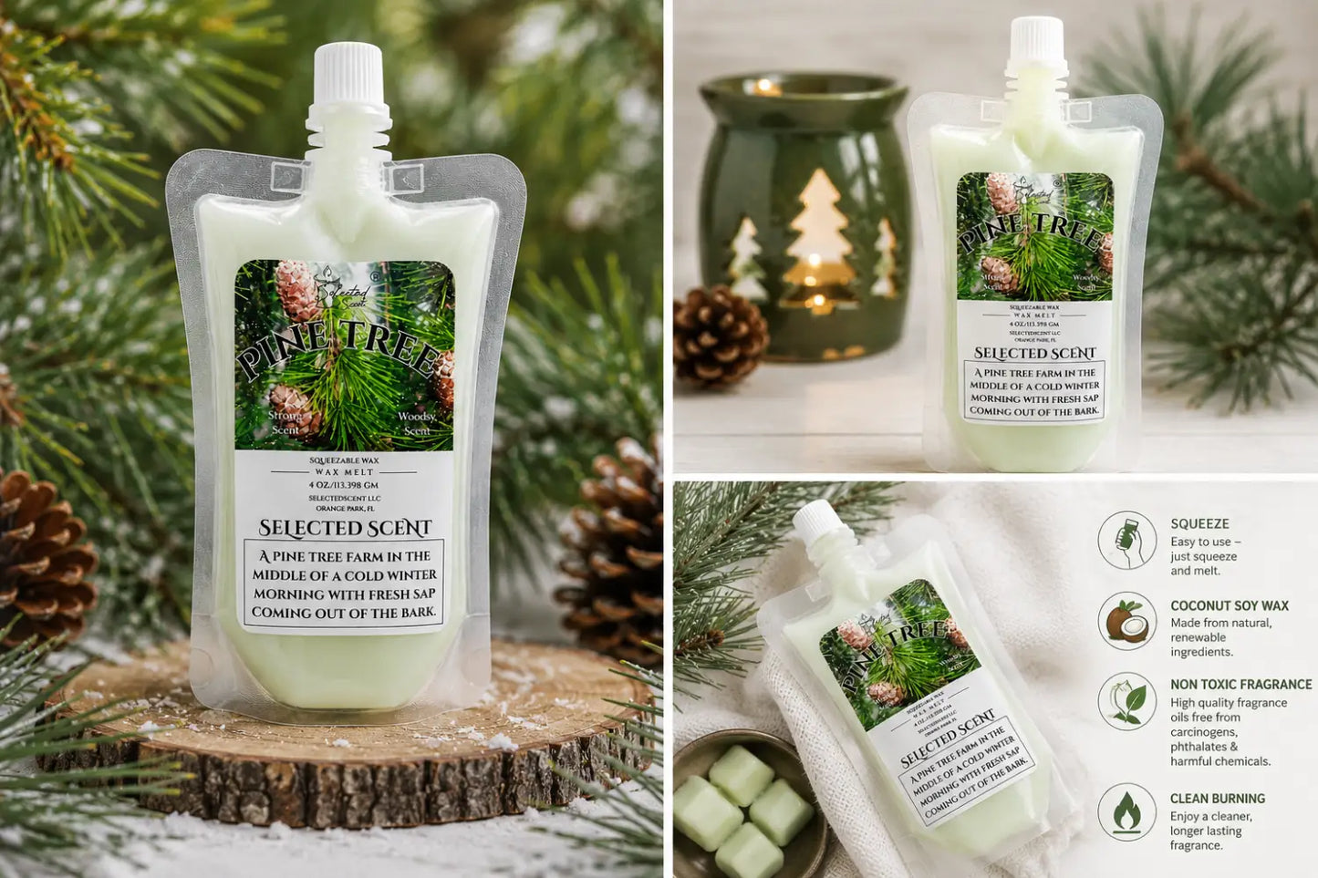 Pine tree squeezable wax melt long lasting fragrance