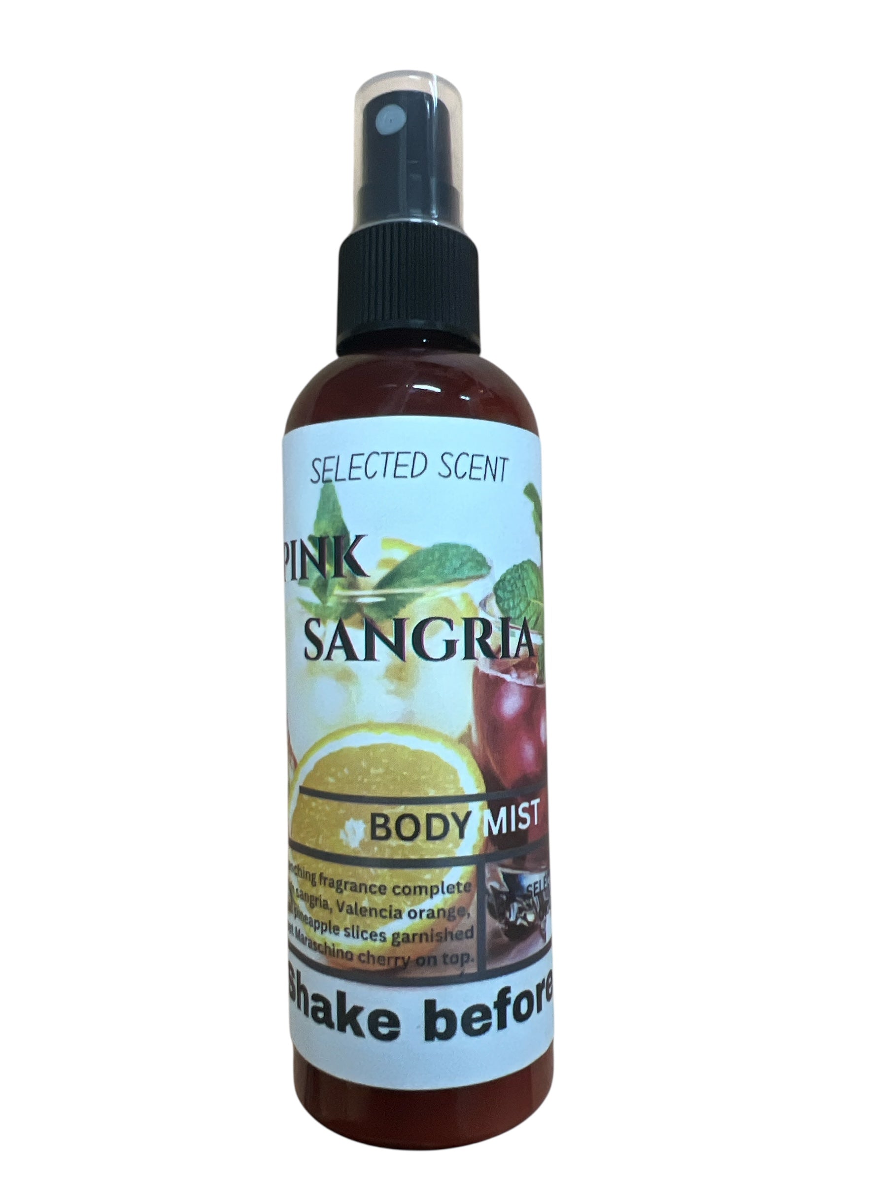 Selected Scent Pink Sangria Body Mist spray bottle with Alcohol Free formula and citrus design