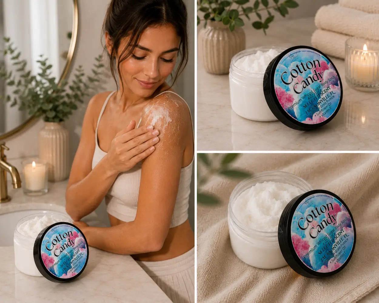 Premium cotton candy whipped sugar body scrub – sweet exfoliation for soft glowing skin
