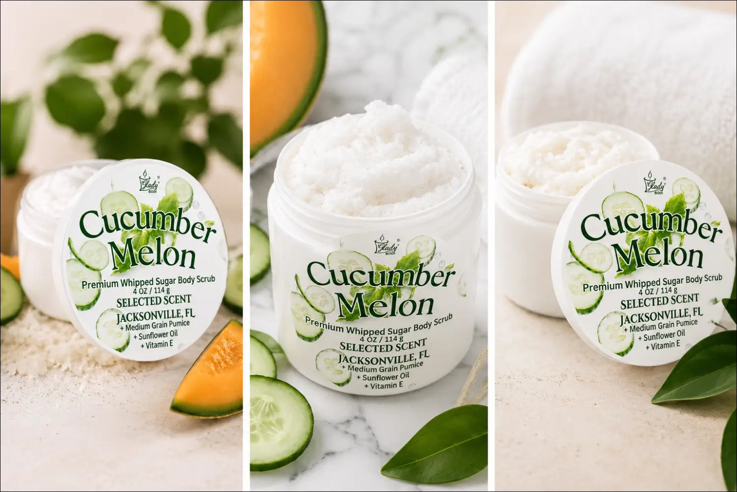 Premium cucumber melon whipped sugar body scrub