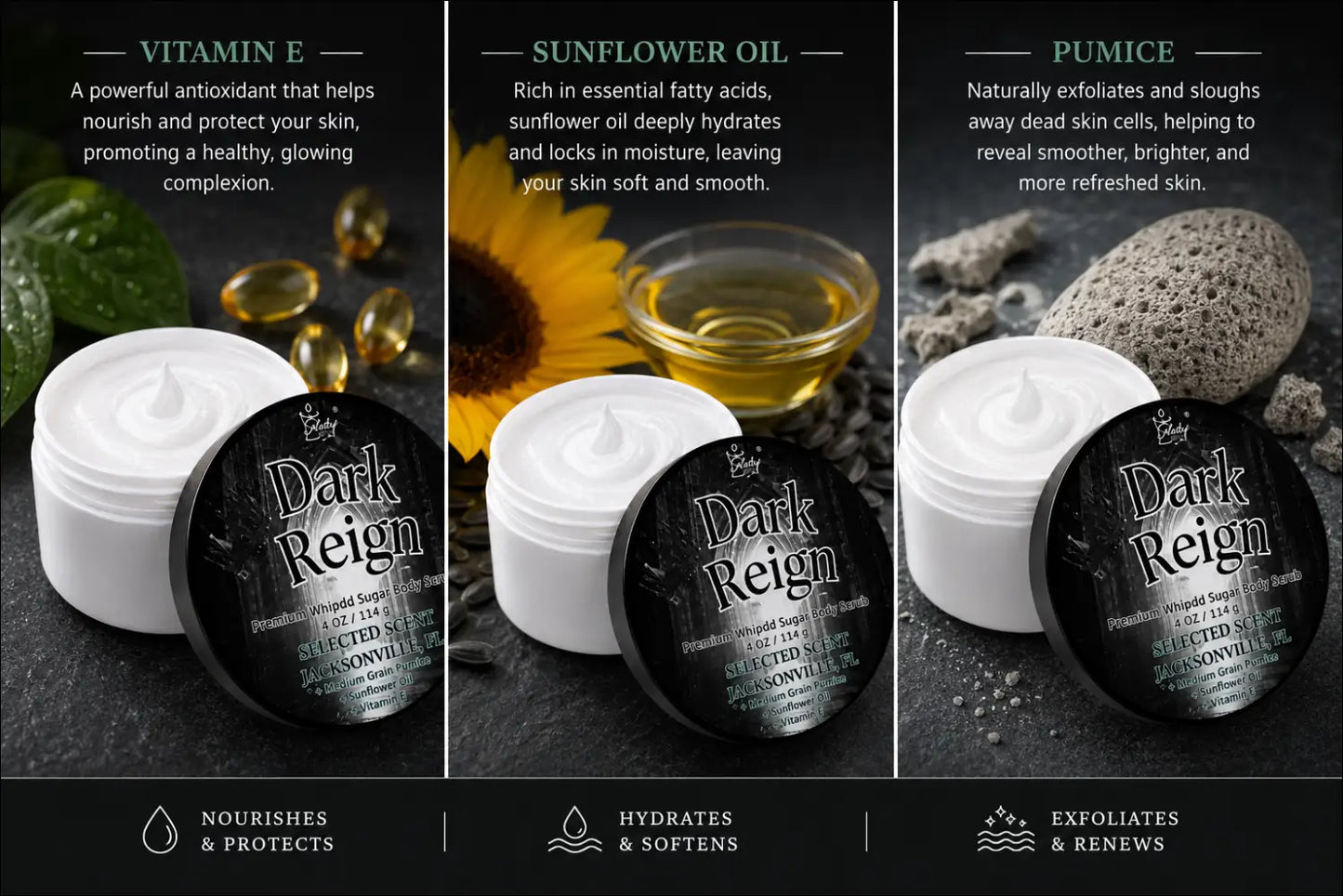 Premium dark reign whipped sugar body scrub
