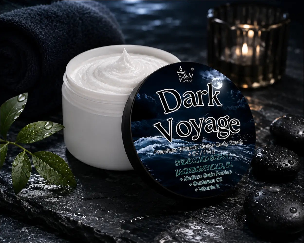 Premium dark voyage whipped sugar body scrub