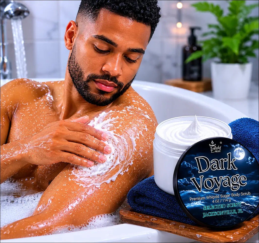 Premium dark voyage whipped sugar body scrub
