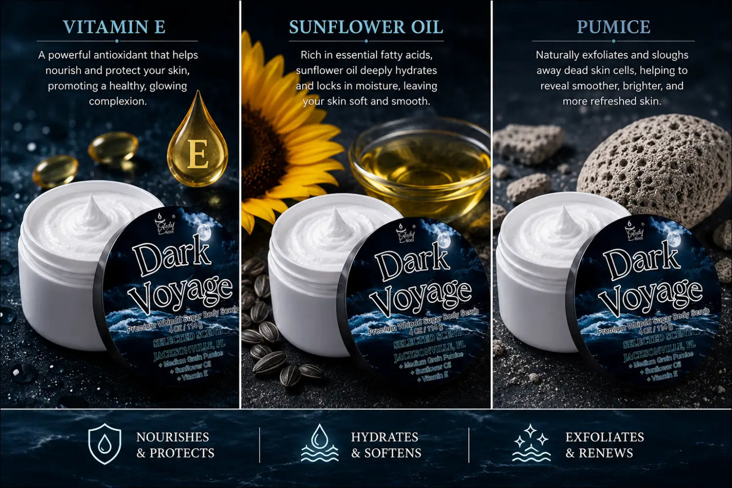 Premium dark voyage whipped sugar body scrub