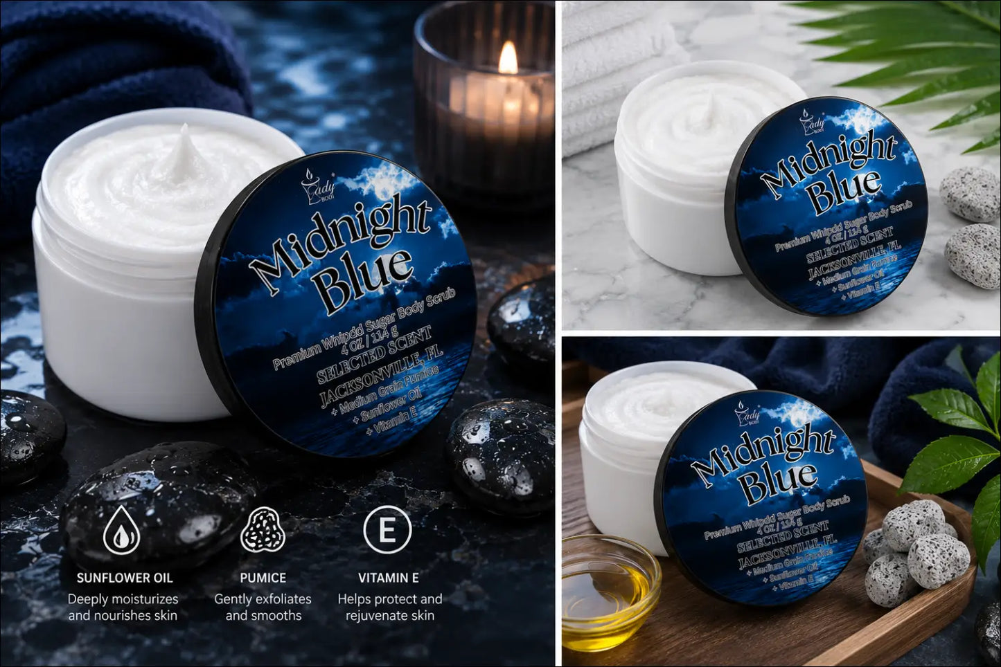 Premium midnight blue whipped sugar body scrub