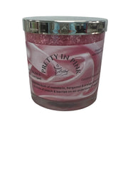 Selected Scent mandarin bergamot peach candle in glass jar with pink label and silver lid