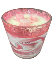 Selected Scent mandarin bergamot peach candle in decorative pink and white glass jar with heart-shaped wax pieces