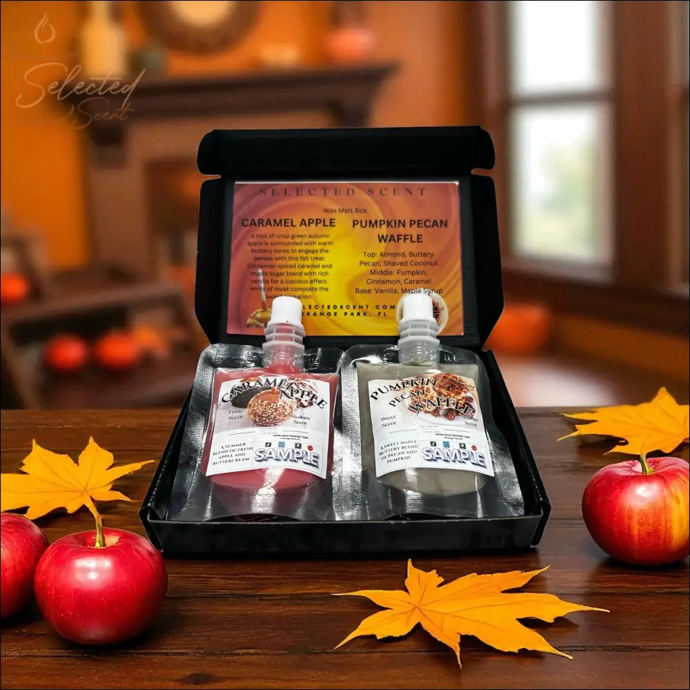 Selected Scent Long Lasting Fragrance Set with Caramel Apple and Pumpkin Pecan Waffle scents in a gift box