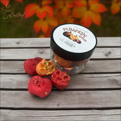 Selected Scent autumn scented home wax melts pumpkin and apple shaped red orange wax melts in jar on wooden table with fall leaves