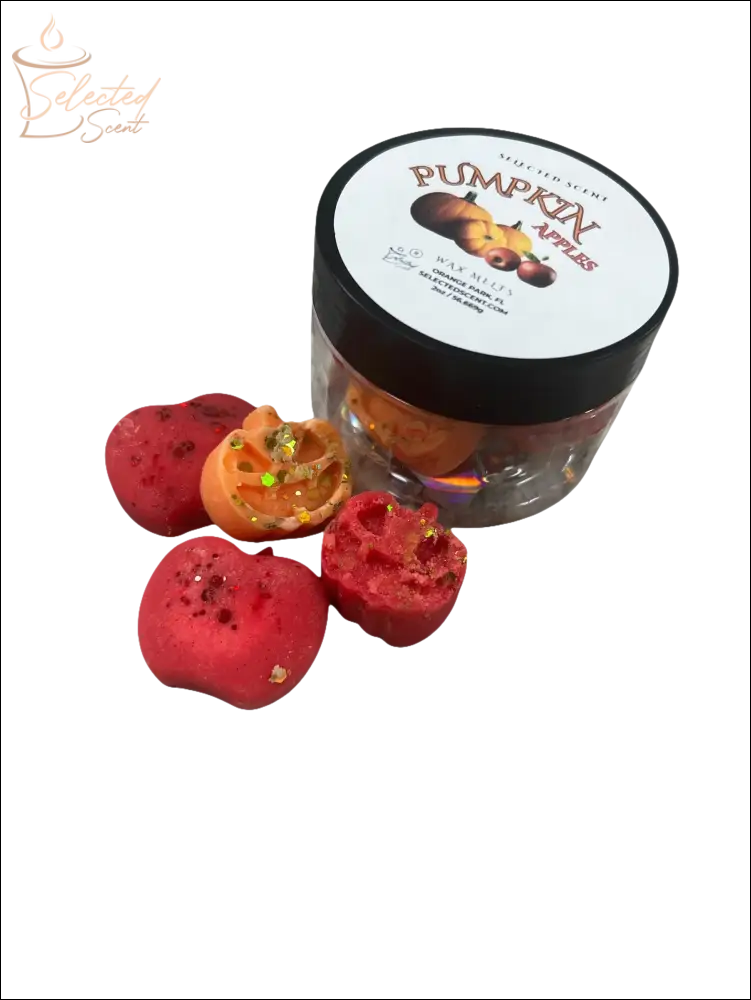 Selected Scent jar of pumpkin wax melts with glittered red and orange pieces autumn scented home wax melts