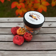 Selected Scent autumn scented home wax melts pumpkin and apple shaped red orange wax melts in jar on wooden table with fall leaves