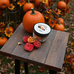 Selected Scent autumn scented home wax melts jar with red wax pieces on wooden table by pumpkin