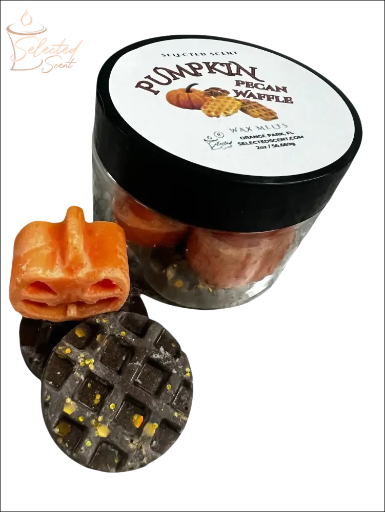 Selected Scent pumpkin pecan waffle wax melts clear jar with orange pumpkin and dark waffle wax pieces with gold flecks