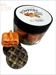 Selected Scent pumpkin pecan waffle wax melts clear jar with orange pumpkin and dark waffle wax pieces with gold flecks
