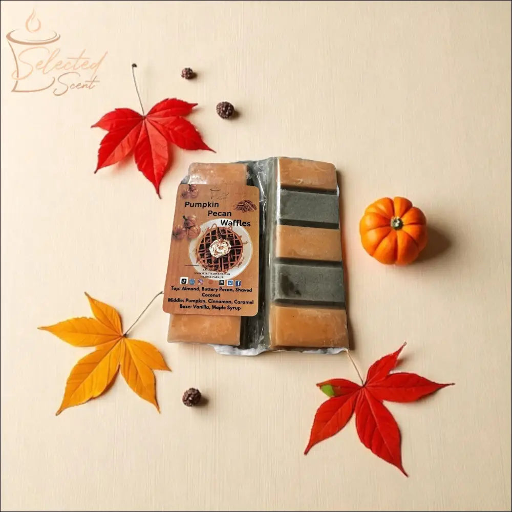 Selected Scent fall scented snapbar wax melts in Pumpkin Pecan Waffles scent with autumn leaves and small pumpkin