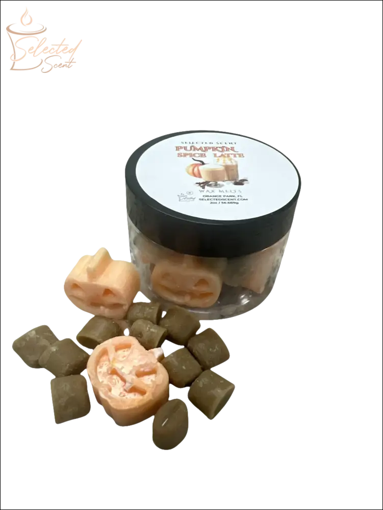 Selected Scent jar of pumpkin spice latte wax melts showing pumpkin face melts and brown cube melts