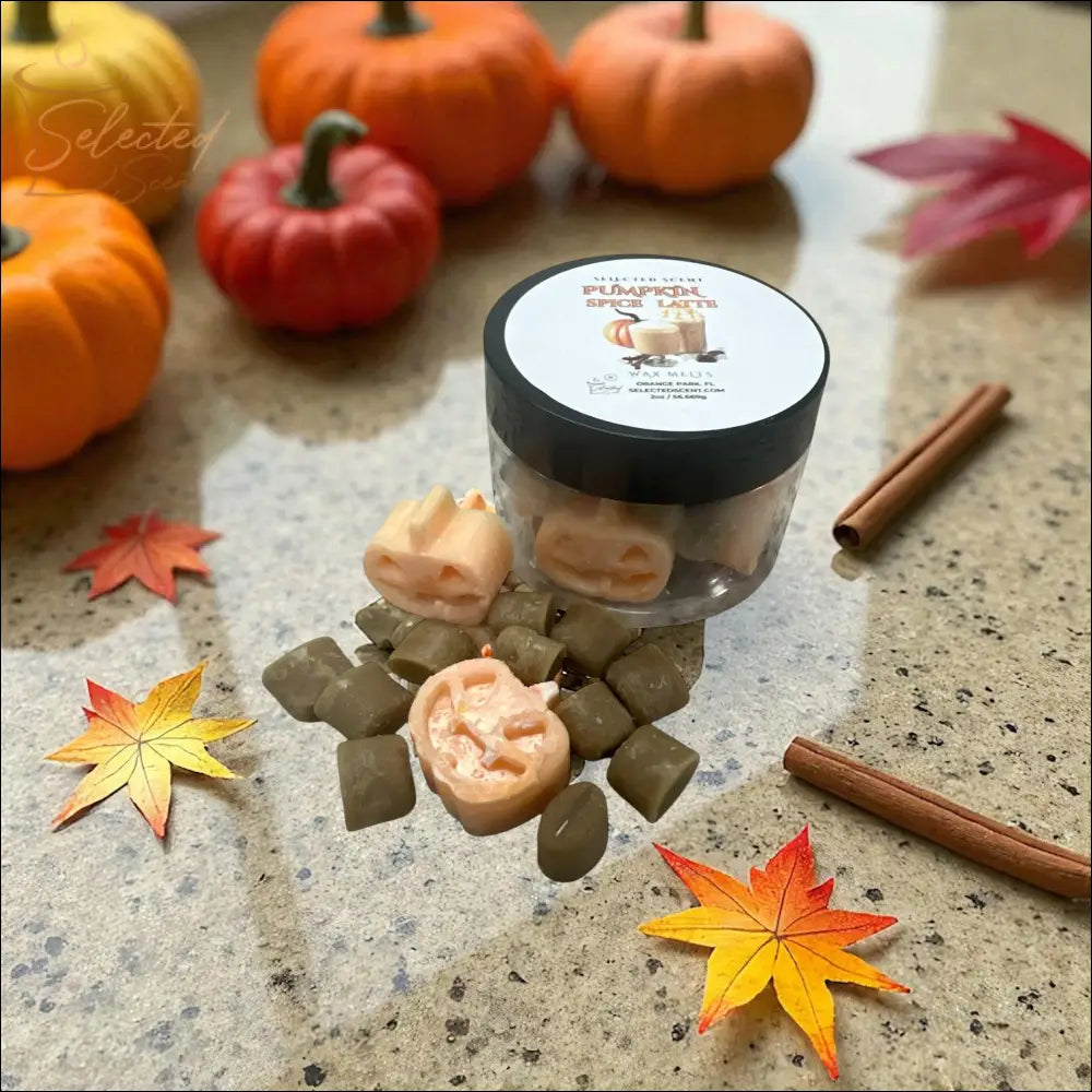 Selected Scent pumpkin spice latte wax melts jar with pumpkin and cube melts cinnamon sticks and fall decor