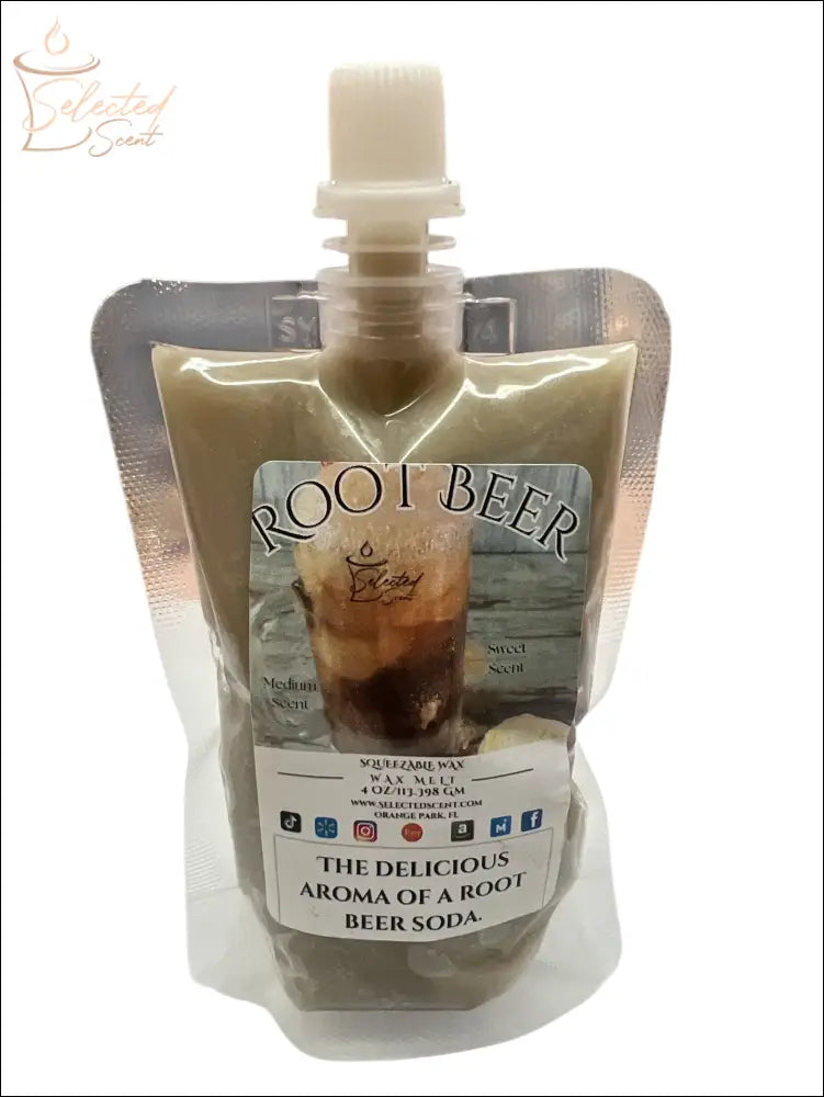 Selected Scent root beer wax melt in resealable pouch with image of frosty root beer glass