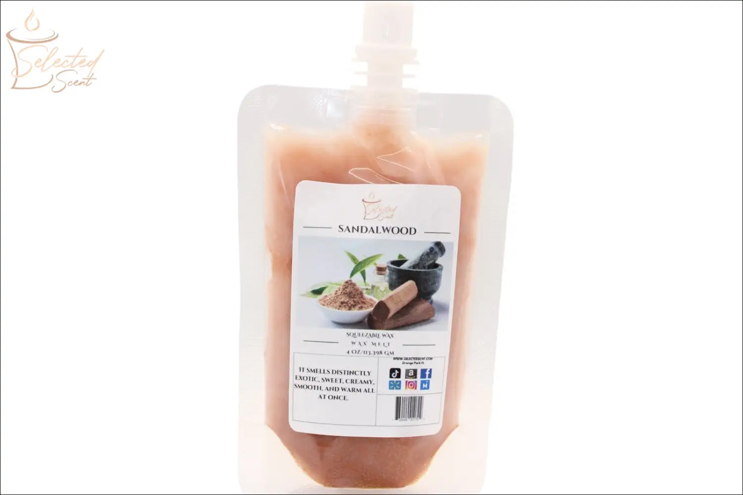Selected Scent sandalwood all natural wax melts for home in a resealable pouch