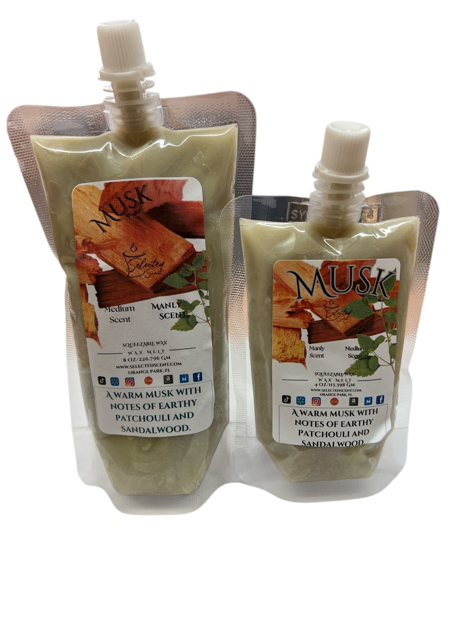 Selected Scent Musk fragrance pouches with earthy patchouli sandalwood melt scent in two sizes
