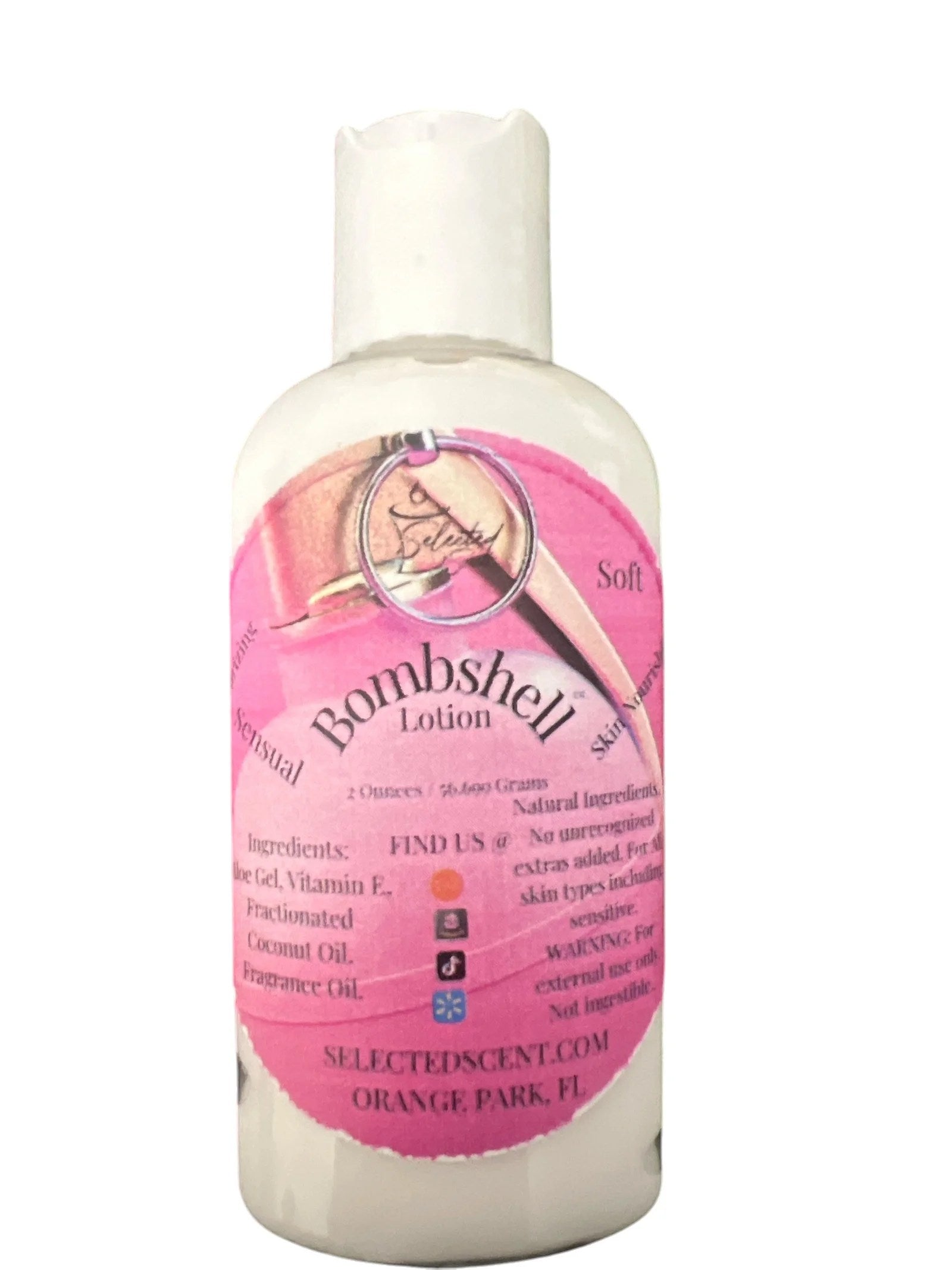 Selected Scent vitamin e moisturizing lotion Bombshell with natural ingredients in a white bottle