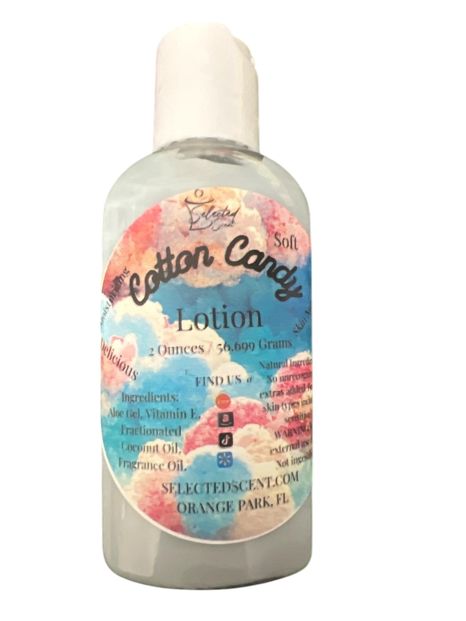 Selected Scent Cotton Candy Soft vitamin e moisturizing lotion in clear bottle with white cap