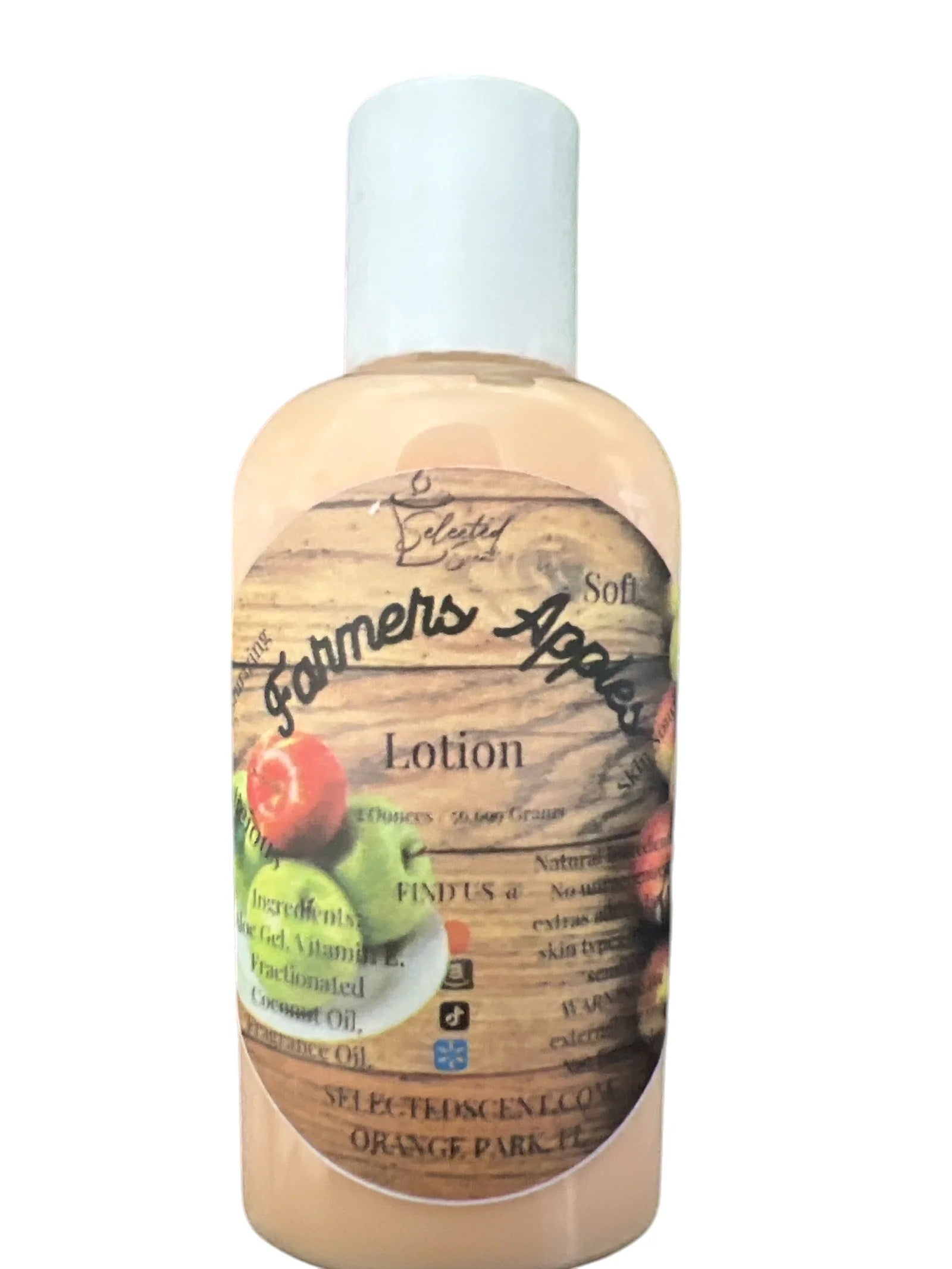 Selected Scent vitamin e moisturizing lotion in a small bottle with Farmers Apple label
