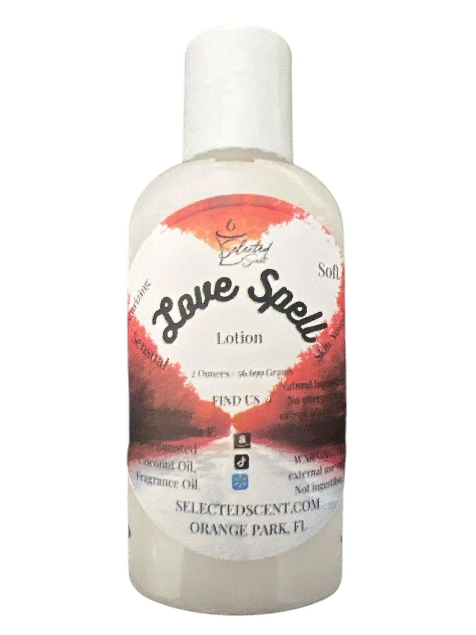 Selected Scent Love Spell vitamin e moisturizing lotion in a white bottle with red and orange label