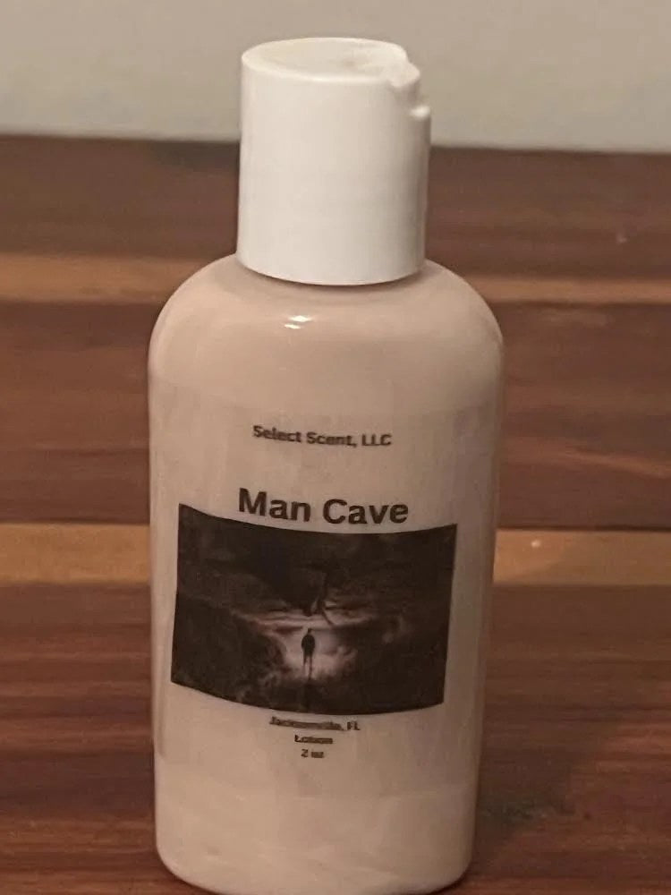 Selected Scent Man Cave vitamin e moisturizing lotion in a small white plastic bottle with flip cap