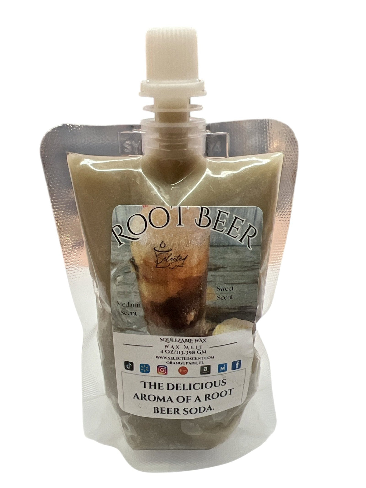 Selected Scent root beer wax melt in resealable pouch with image of frosty root beer glass