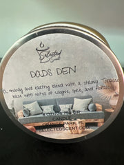 Selected Scent all natural masculine candle labeled Dads Den with earthy tobacco and floral notes