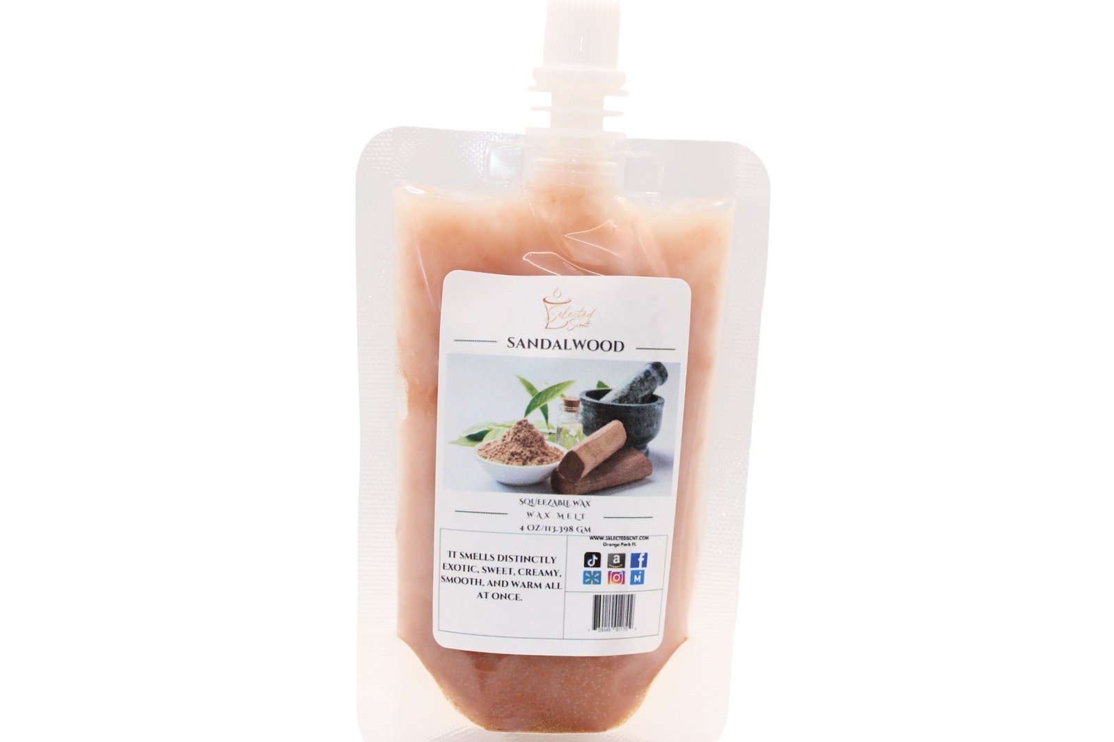 Selected Scent sandalwood all natural wax melts for home in a resealable pouch
