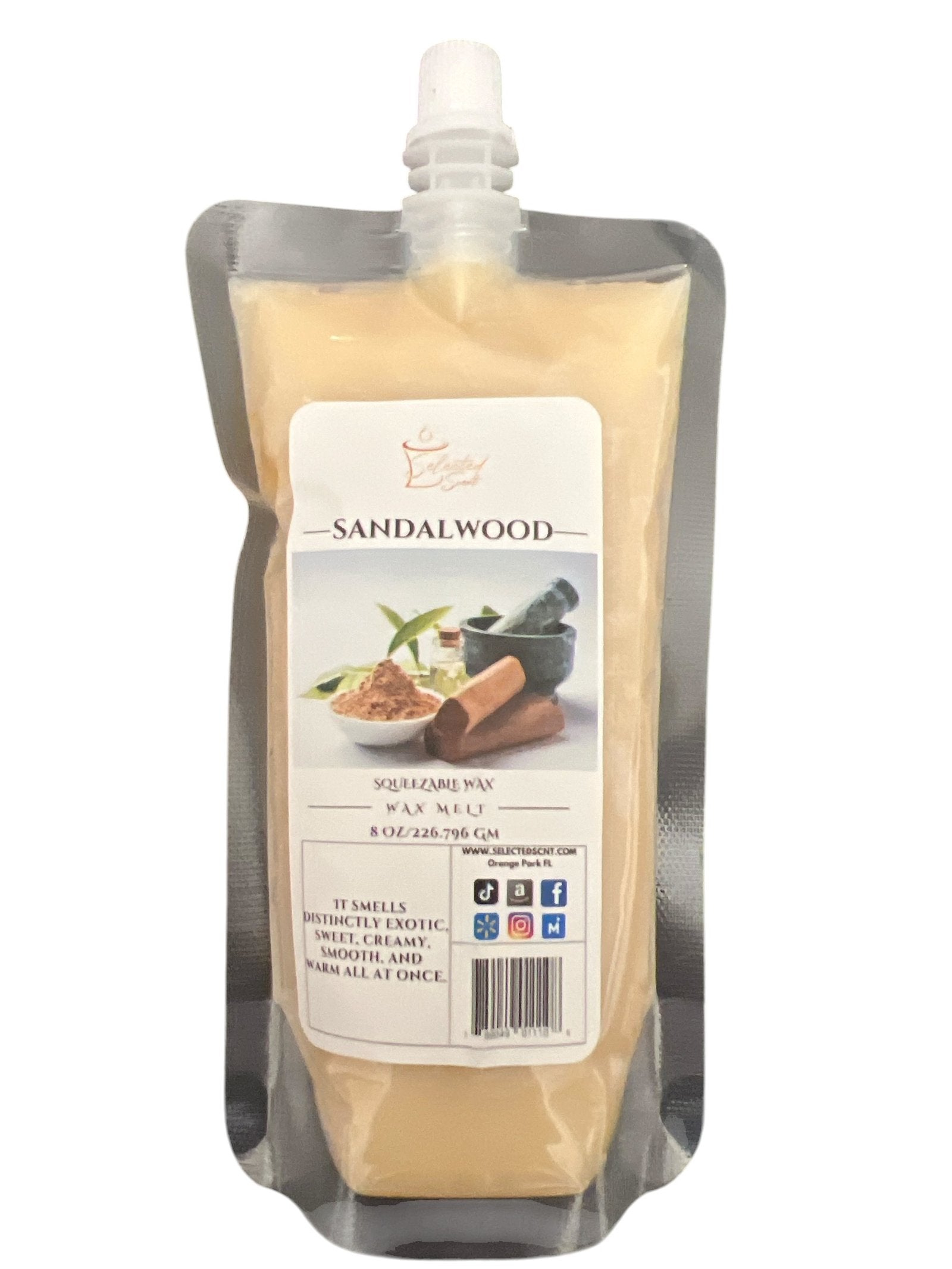 Selected Scent sandalwood all natural wax melts for home in an 8 oz refill pouch