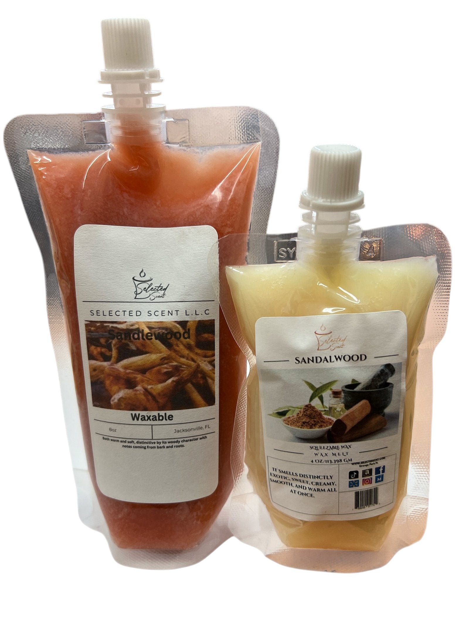 Selected Scent all natural wax melts for home in sandalwood and cedarwood scents with resealable pouches