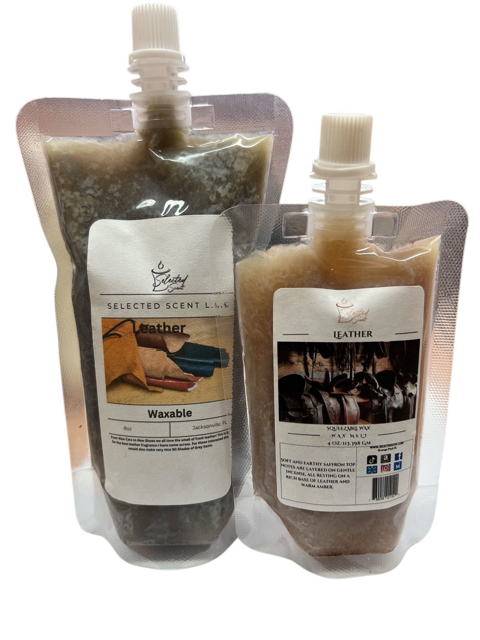 Selected Scent all natural wax melts in refill pouches with leather fragrance scent