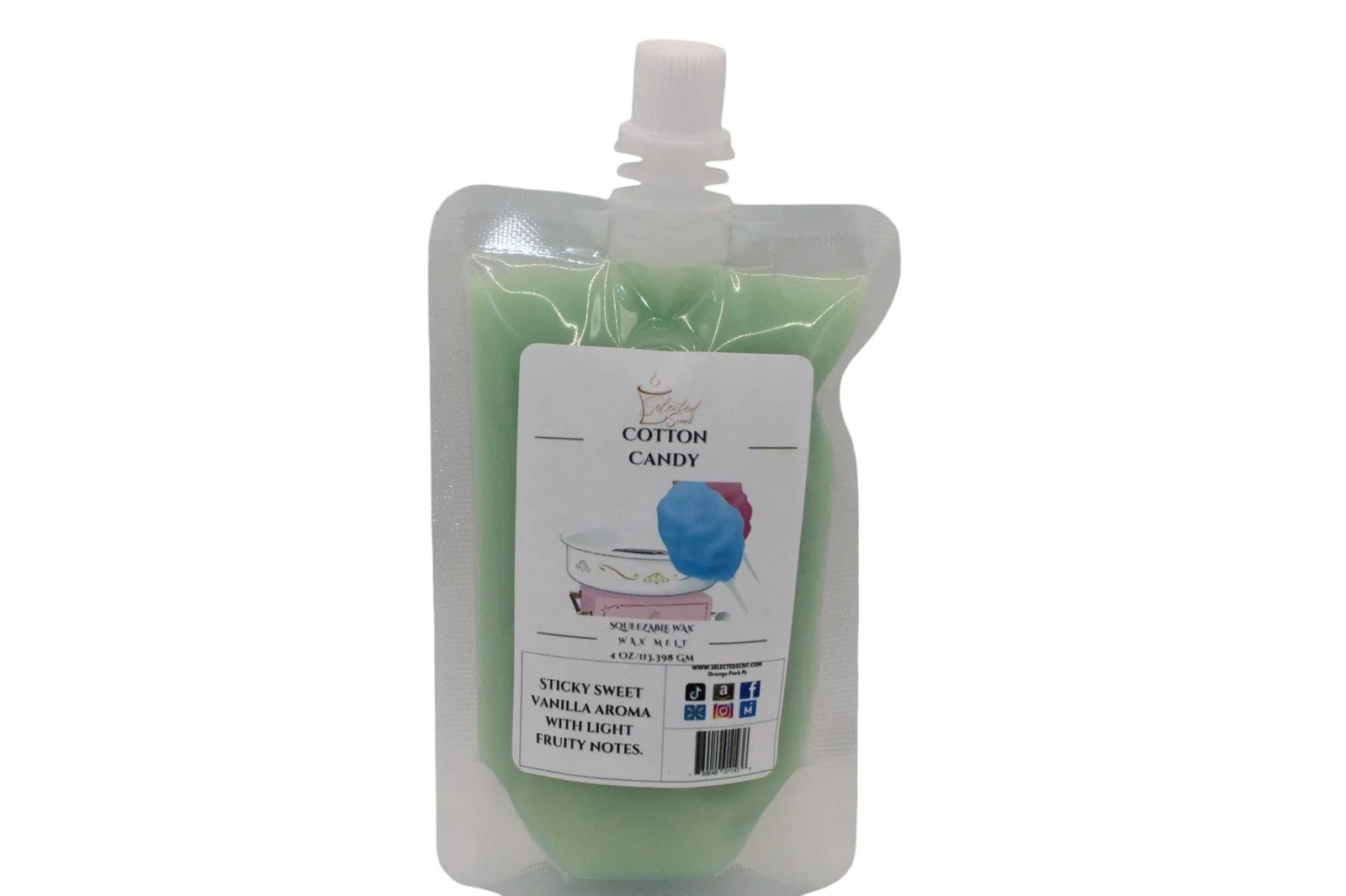 Selected Scent cotton candy squeezable wax melt in a green resealable pouch with blue cotton candy image