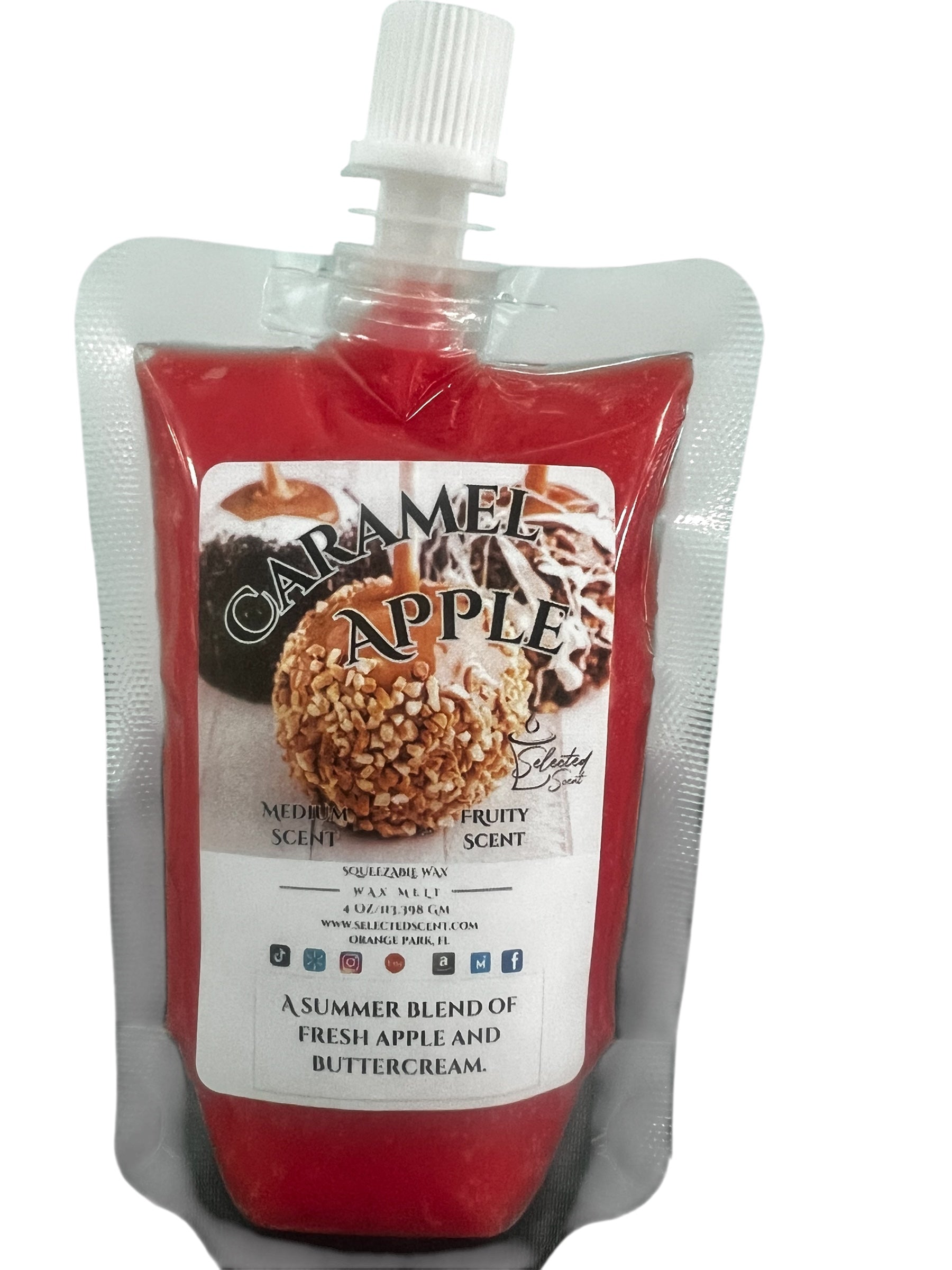 Selected Scent Caramel Apple wax melt pouch with fall seasonal favorites scent blend of fresh apple and buttercream