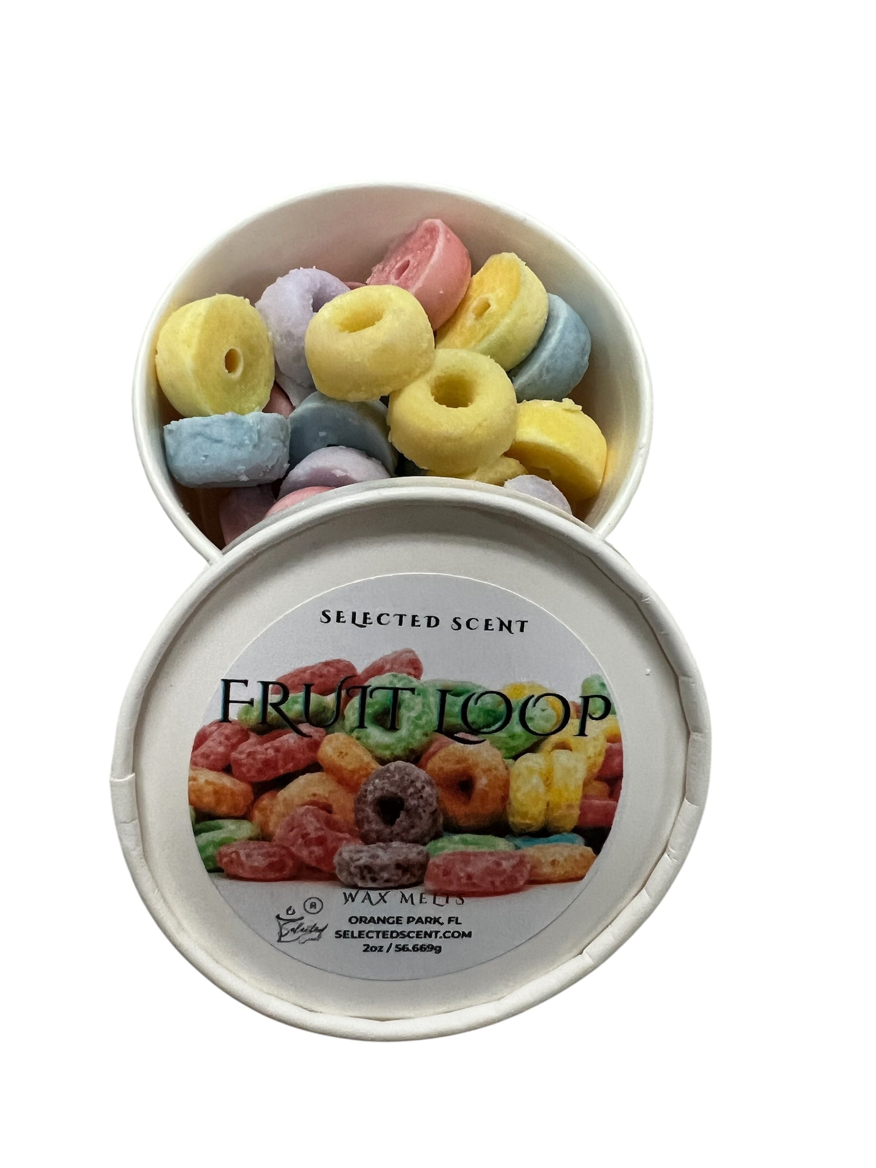 Selected Scent Fruitti Loop cereal scented wax melts in colorful ring shapes in a white container