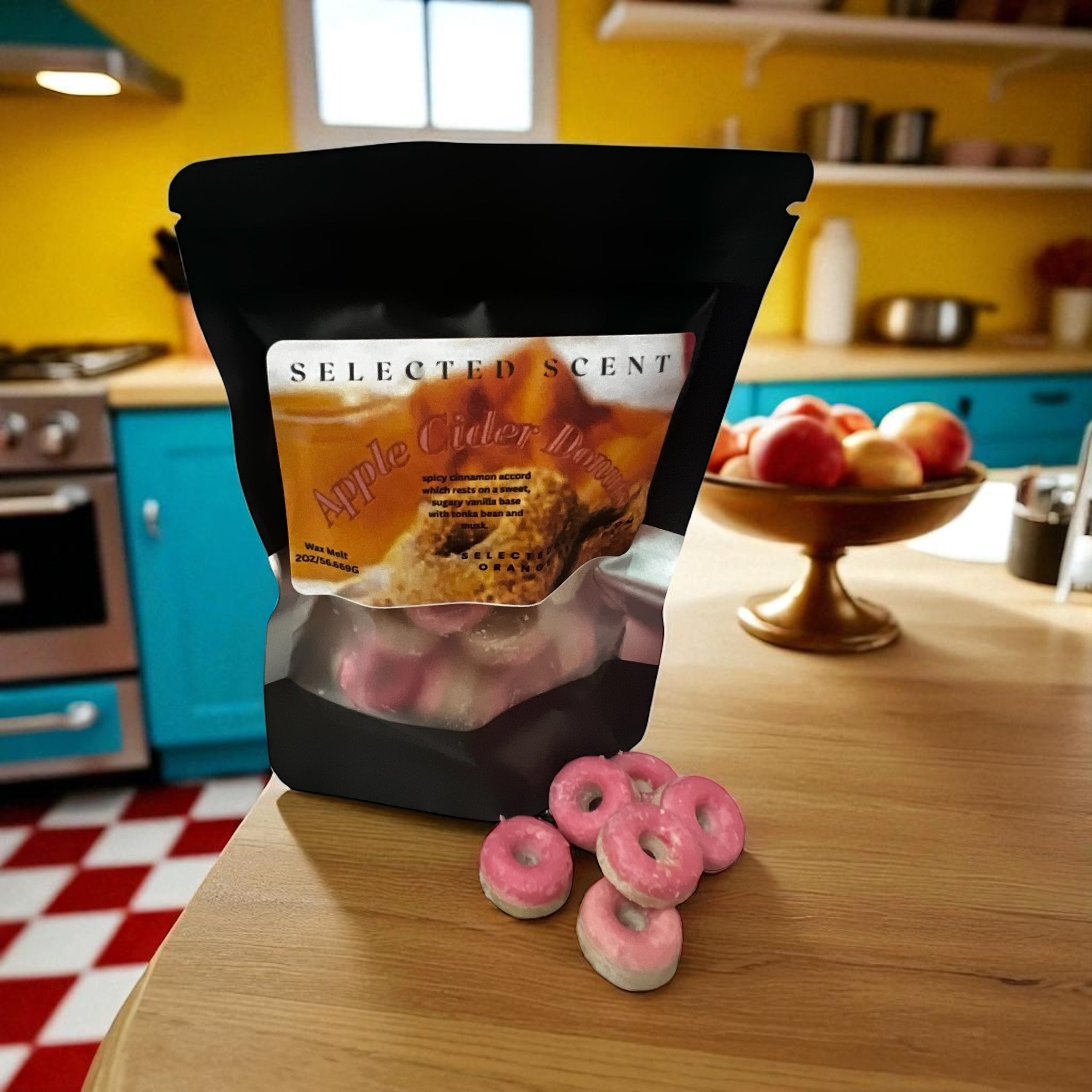 Selected Scent Apple Cider Donut long lasting fall fragrance melts in resealable black pouch on kitchen counter