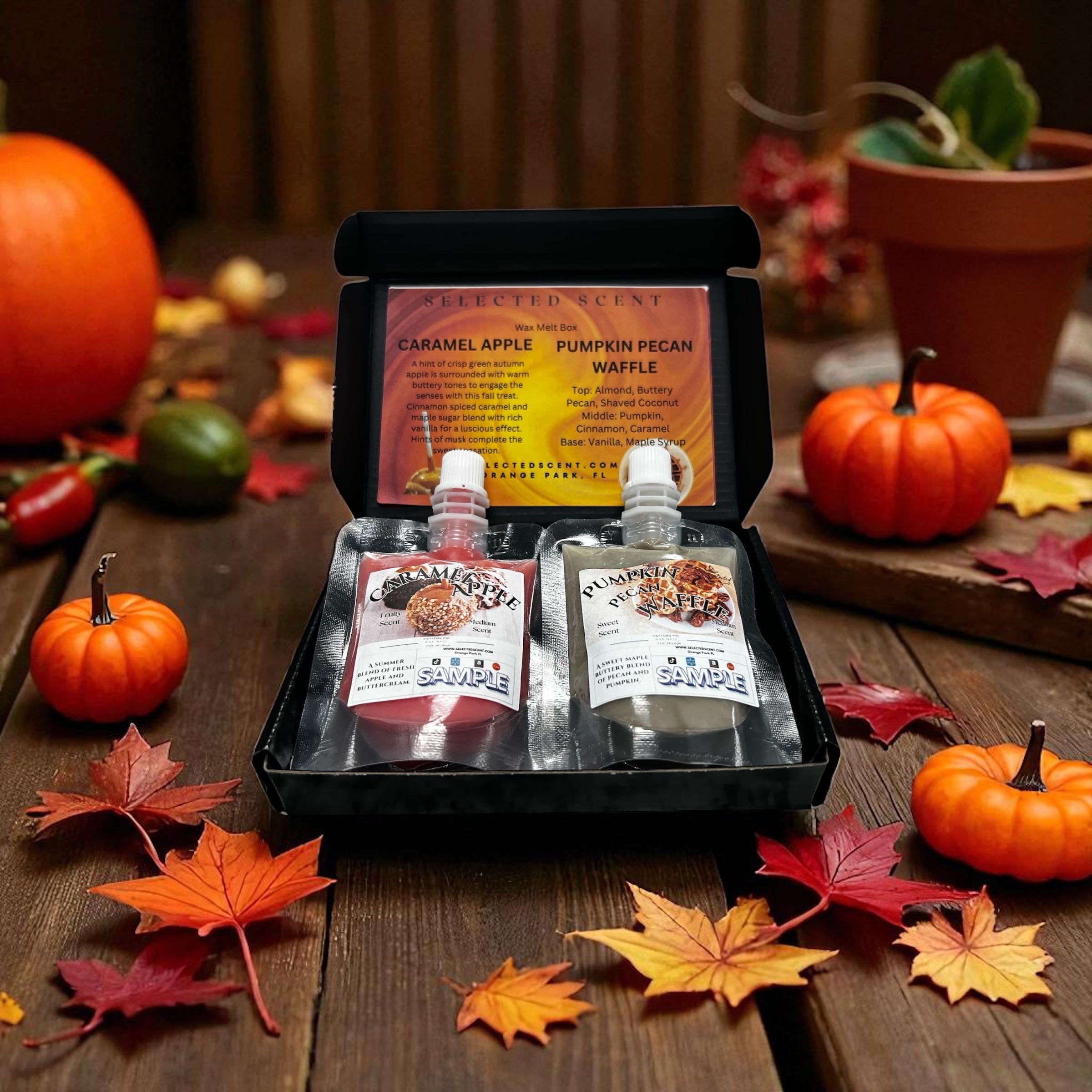 Selected Scent Long Lasting Fragrance Set with Caramel Apple and Pumpkin Pecan Waffle scents in a black gift box