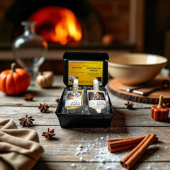 Selected Scent Long Lasting Fragrance Set with two perfumes in an open black box on a rustic wooden table