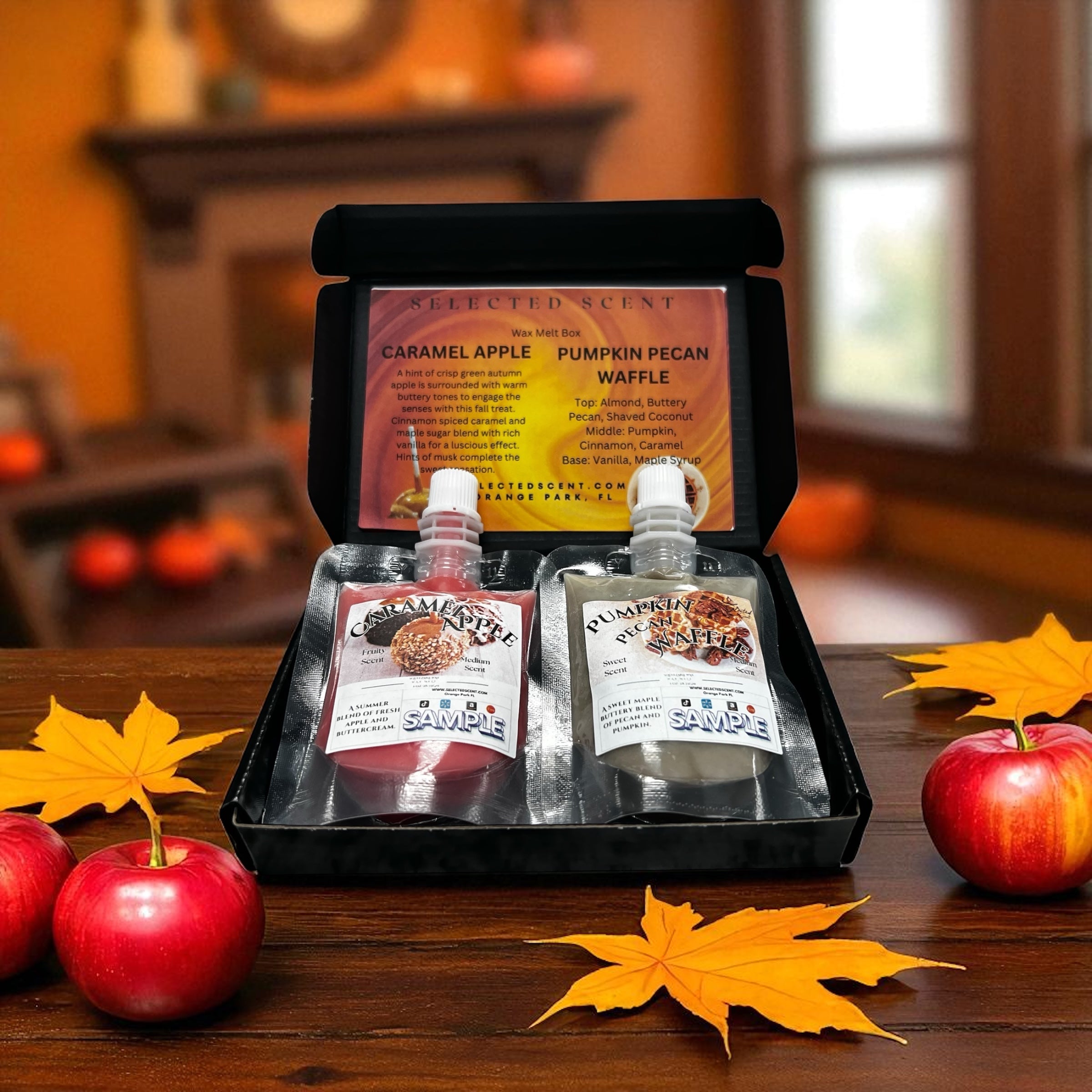 Selected Scent Long Lasting Fragrance Set with Caramel Apple and Pumpkin Pecan Waffle scents in a gift box