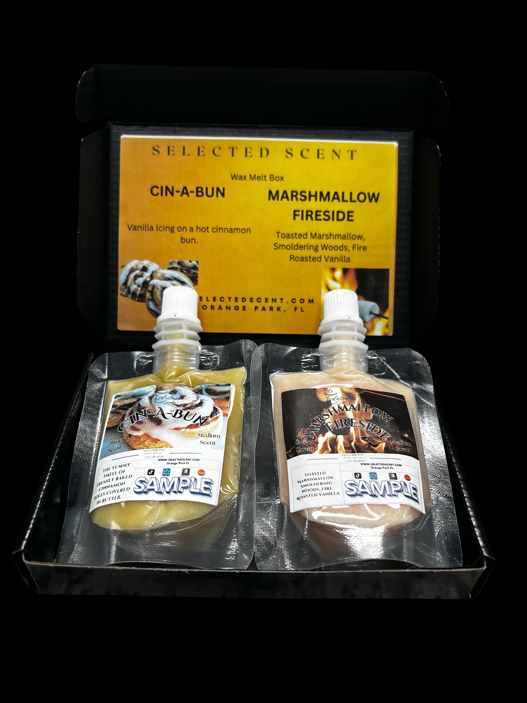 Selected Scent Long Lasting Fragrance Set with Cin-A-Bun and Marshmallow Fireside wax melt samples