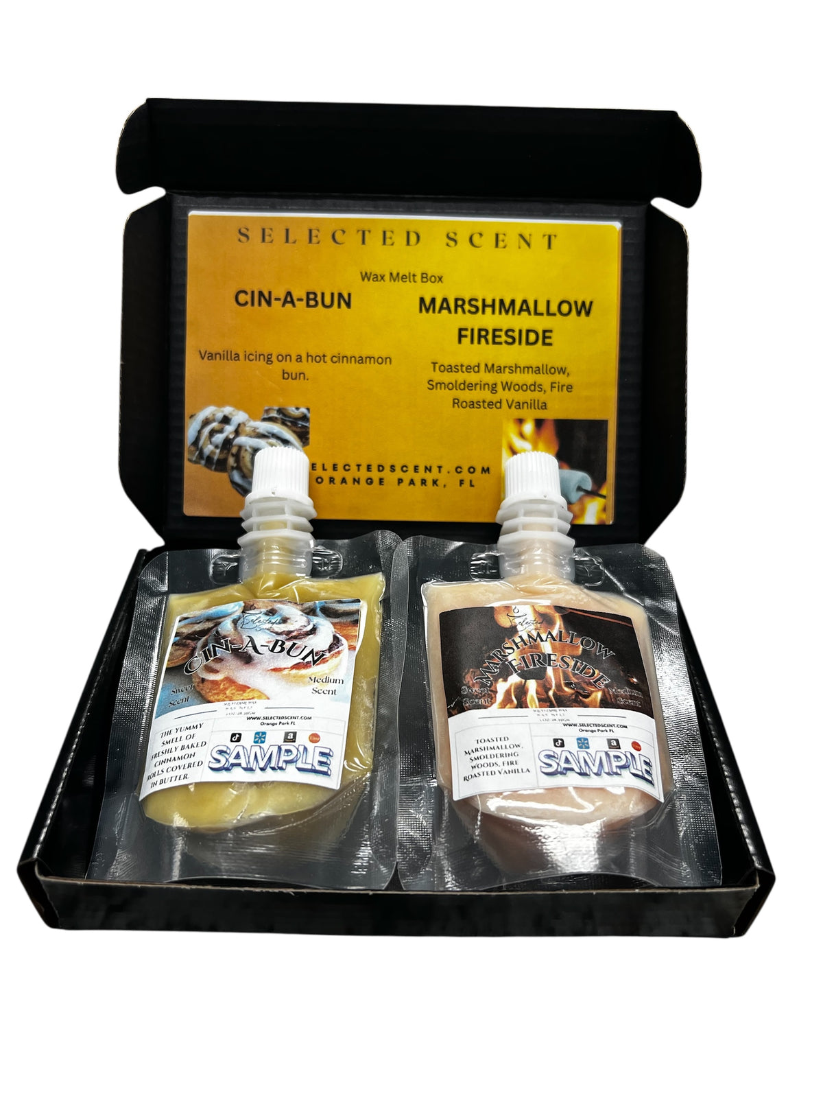 Selected Scent long lasting fragrance set with Cin-A-Bun and Marshmallow Fireside wax melt samples
