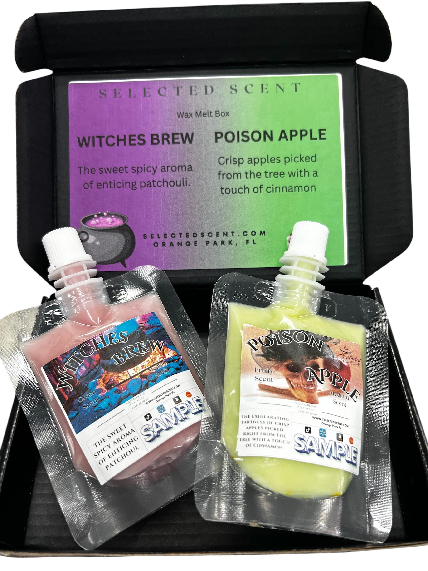 Selected Scent long lasting fragrance set with Witches Brew and Poison Apple wax melts in a black box