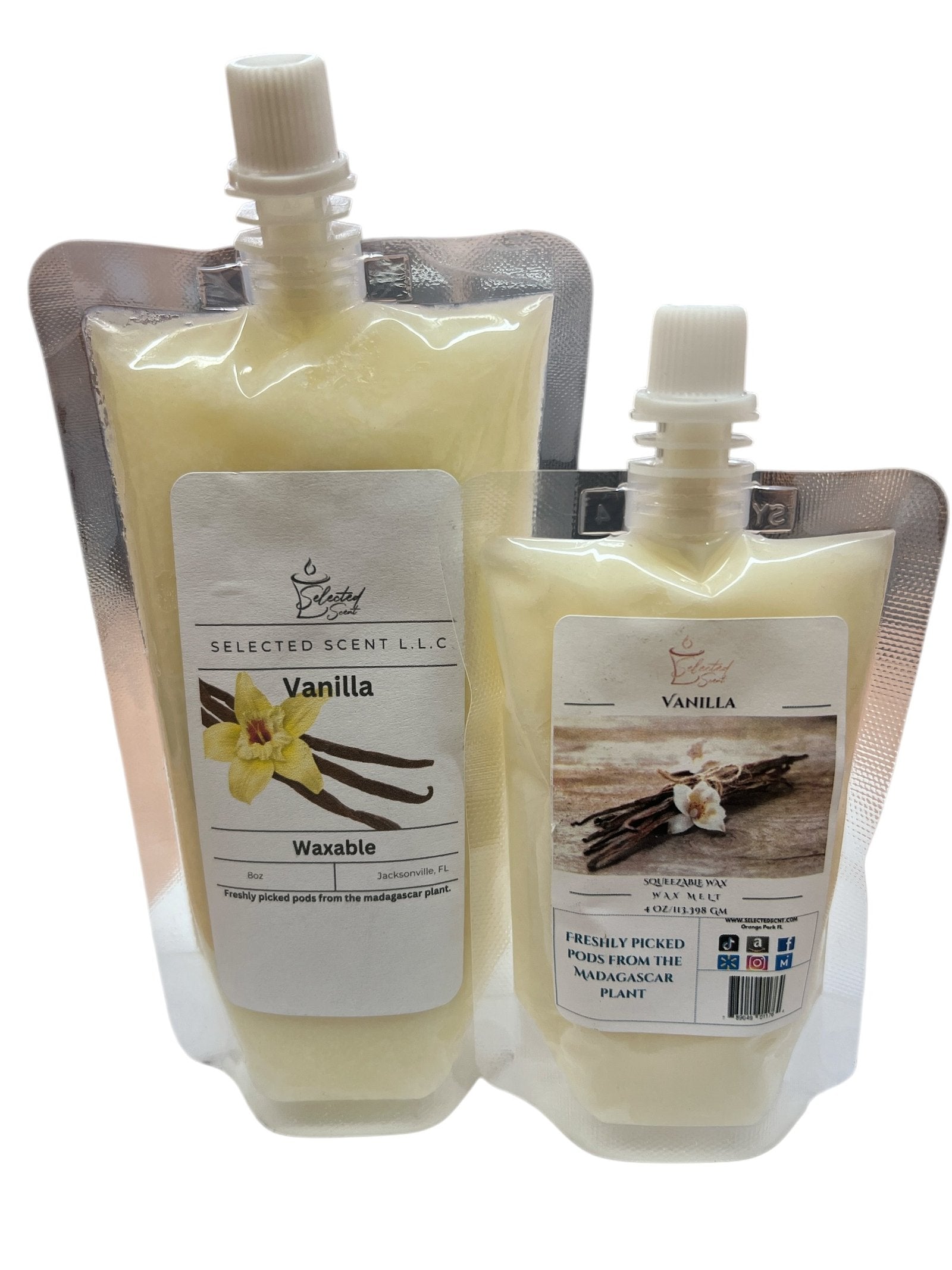 Selected Scent vanilla waxable long lasting home fragrance refill pouches with vanilla flower and pods