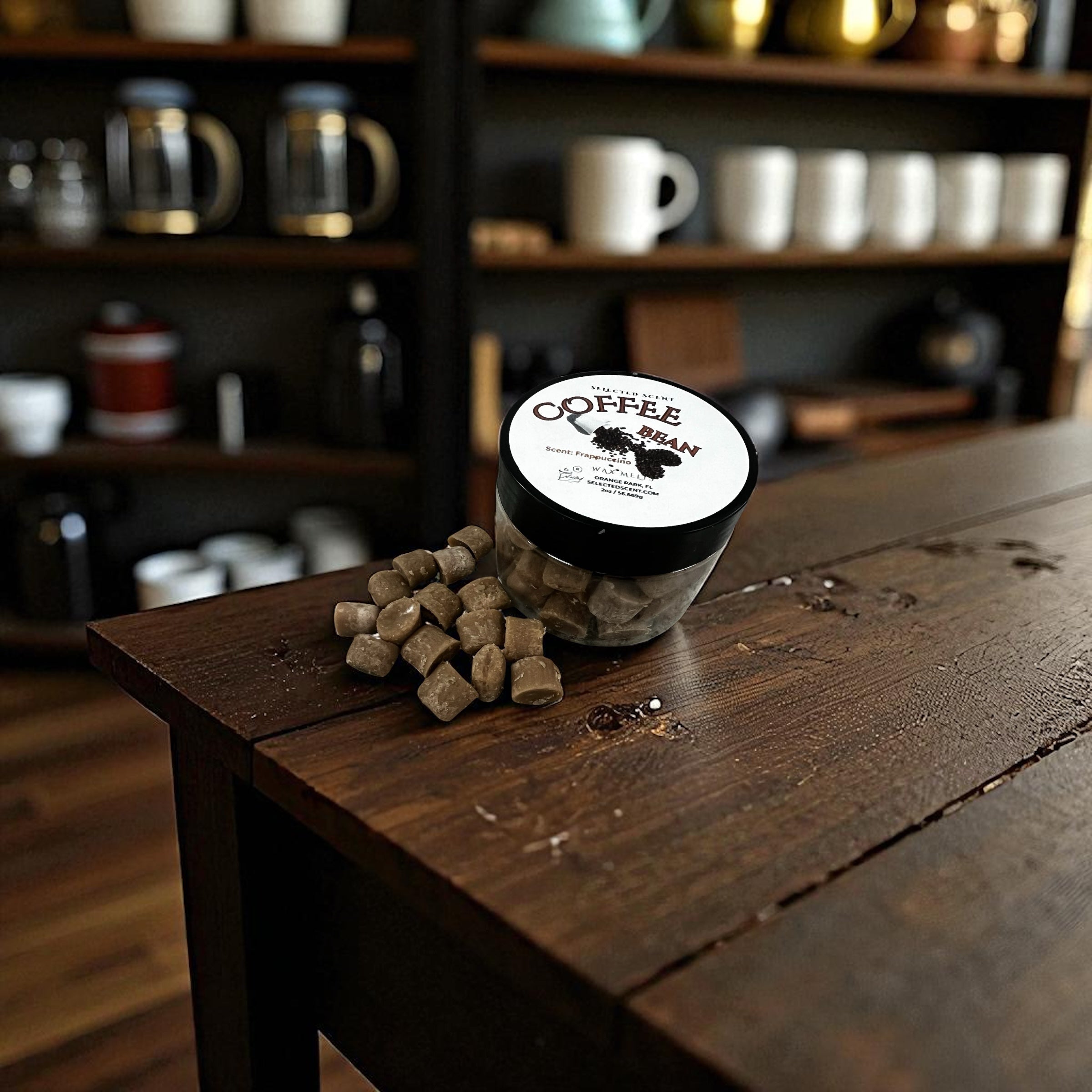Selected Scent coffee wax melts jar on wooden table with scattered cubes Morning Scented For Home
