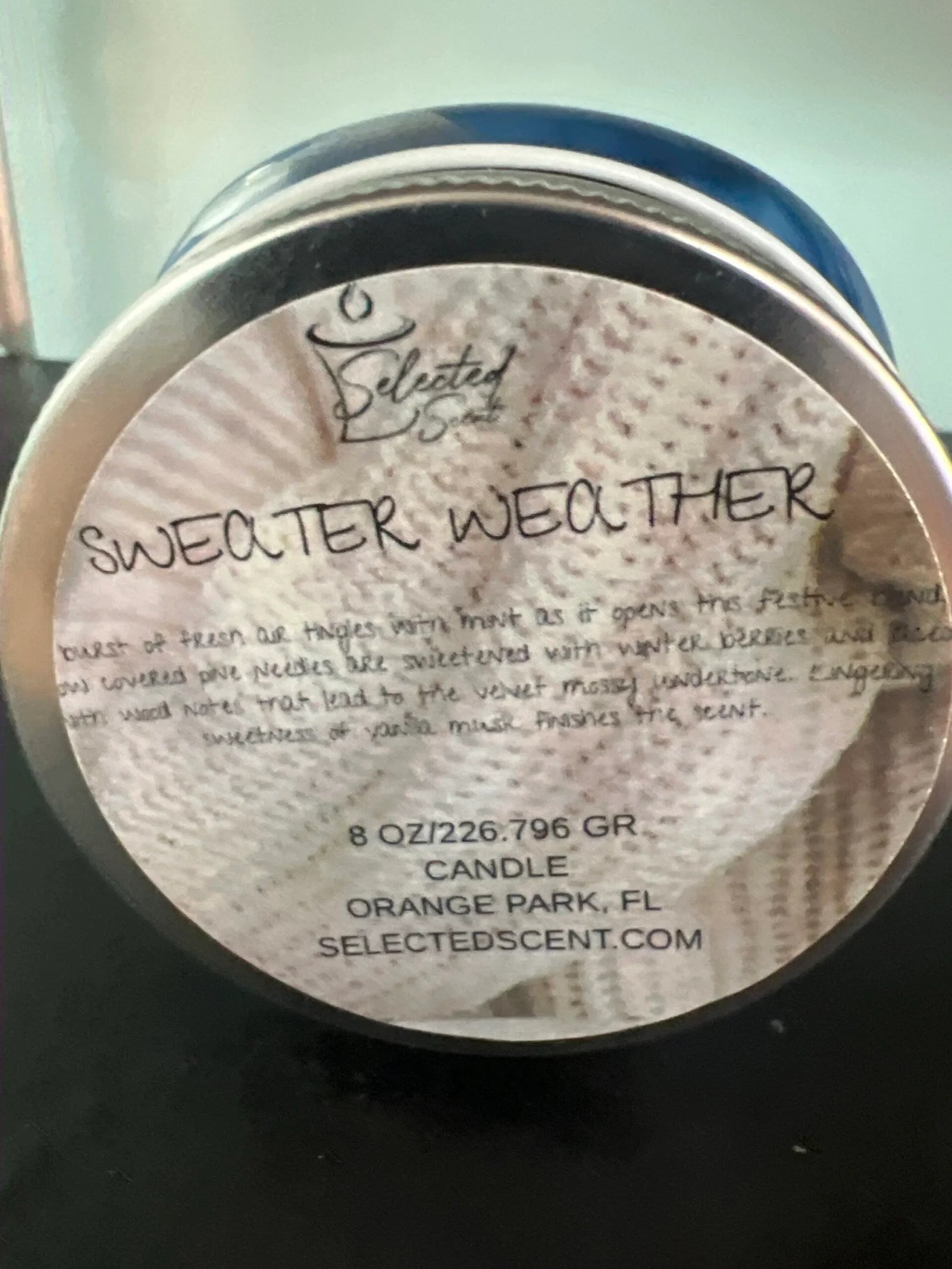 Selected Scent Sweater Weather candle with Soft And Clean Scent in 8 oz container from Orange Park FL