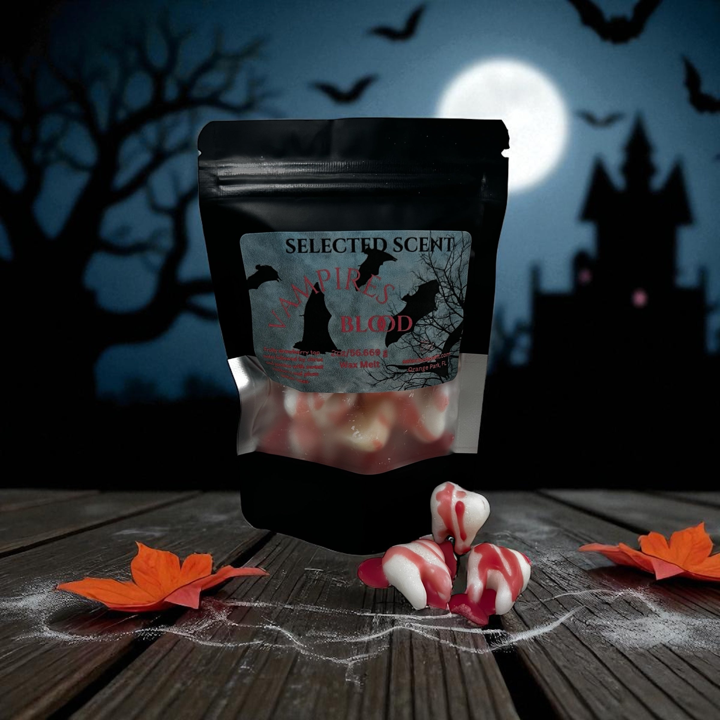 Selected Scent unique spooky wax melts shaped like vampire teeth with blood drip design