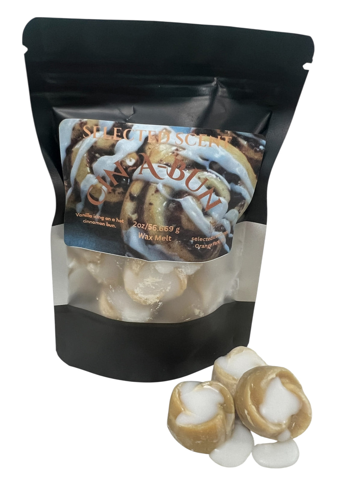 Selected Scent long lasting bakery scented wax melt in cinnamon roll shape with resealable black pouch